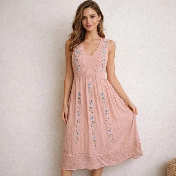 Entro Peach Embroidered Midi Dress Boho Floral Sleeveless Empire Waist Size L - Picture 1 of 14